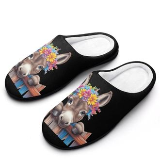 Generic Funny Donkey With Flowers Funny Mens Slippers Cotton Warm House Shoes Memory Foam Sandals Print Size 7-14