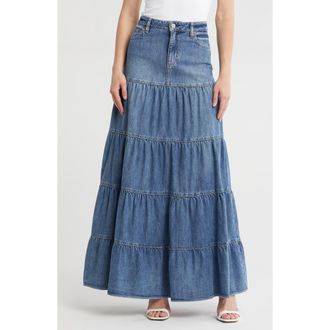 Alice & Olivia Mindy Tiered Denim Maxi Skirt in Liana Vintage Blue at Nordstrom Rack, Size 24