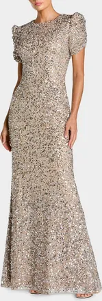 Mac Duggal Beaded Mesh Short-Sleeve Gown