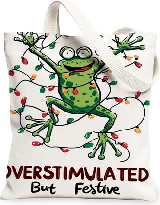 Generic Festive Amphibian Canvas Tote Bags, Playful Animal Design Reusable Grocery Bags, Lightweight Washable Shoulder Strap Canvas, White, 13x15 Inch