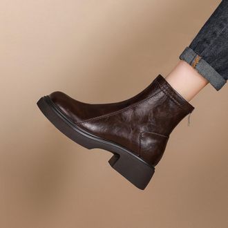 Generic Womens Retro Round-Toe Ankle Boots With Chunky Block Heels Back Zip Comfortable Slip-Resistant Durable For Casual Daily Office Fall Winter,Brown,3.5 U