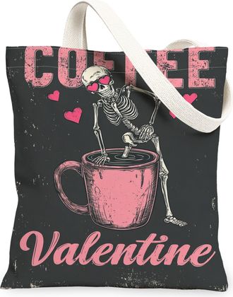 Generic Valentine Skeleton Coffee Canvas Tote Bags, Cute Gothic Design Reusable Grocery Bags, Lightweight Washable Shoulder Strap C, Black, 13x15 Inch