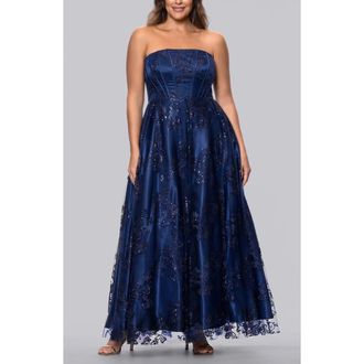 Blondie Nites Glitter Mesh Corset Strapless A-Line Gown in Navy at Nordstrom, Size 15