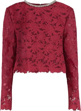 Self Portrait lace crystal-detail top - women - Polyester/Polyamide - 6 - Red
