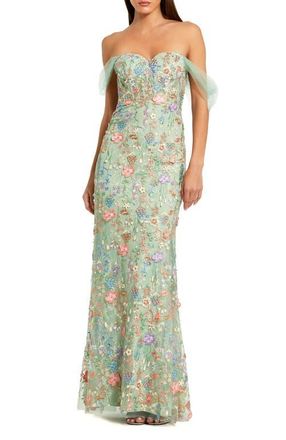 Mac Duggal Off The Shoulder Bustier Emboridered Net Gown in Sage Multi at Nordstrom, Size 10