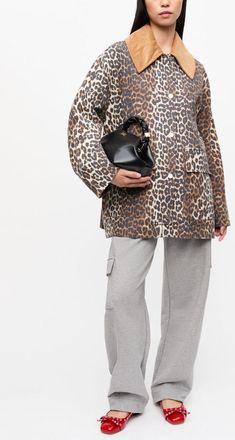 Ganni Brown Leopard Printed Canvas Midi Jacket - Size XXS/XS Organic Cotton