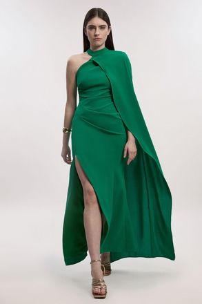 Karen Millen Womens Soft Tailored One Shoulder Cape Sleeve Maxi Dress - Green - Size 12 UK