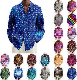 Generic Mens Glitter Shirt 70s 80s New Years Eve Outfit, Sequins & Hippie Disco Shirt | Party Glitter Shirt Men for Carnival, Glamour Theme Party and Music Fe