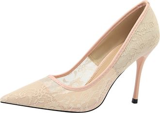 Generic Elegant Lace Hollow Design High Heel Pumps Womens Pointed Toe Shoes for Night Out and Celebrations,Pink,6.5 UK