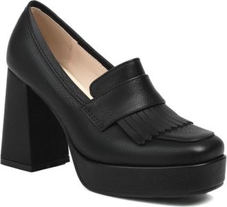 Generic Womens Platform Chunky Loafers Slip-On Round Toe Fringe Detail Textured Upper Dress Shoes with Block Heel Comfortable for Fashion Casual,Black,7.5 UK