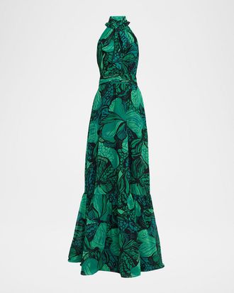 Teri Jon Floral-Print Chiffon Halter Gown