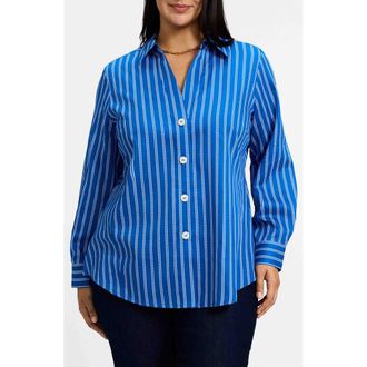Foxcroft Paityn Stripe Cotton Button-Up Shirt in Cobalt Blue White at Nordstrom, Size 16W