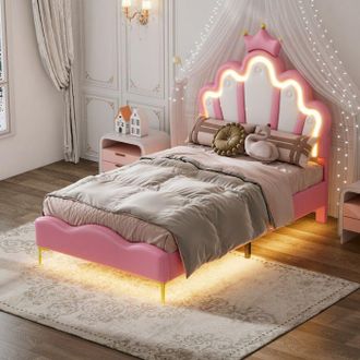OEM Cama Infantil 90x190 Cm - Nube Y Corona - Cabecera Acolchada Ajustable - Led Integrada - Somier De Lamas Incluido