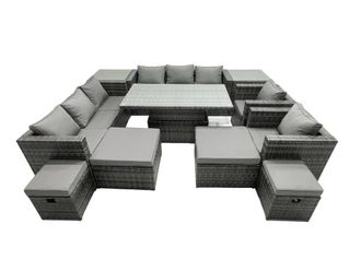 Fimous Rattan Dining Table Sofa Set with 2 Side Tables 4 Stools 12 Seat in Dark Grey