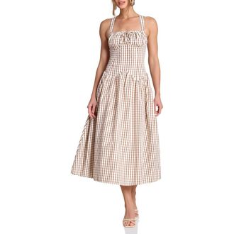 Avec Les Filles Check Drop Waist Cotton Blend Sundress in Cream And Brown at Nordstrom Rack, Size 14