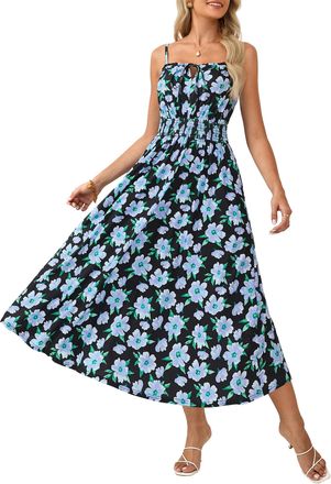 Grace Karin Womens Boho Floral Fancy Dress Casual Sleeveless Spaghetti Straps Pleated Loose A-line Maxi Dresses Bohemian Beach Holiday Dress with Pockets Black-Bl