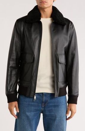 Bugatchi Genuine Shearling Collared Leather Aviator Jacket in Black at Nordstrom Rack, Size Small
