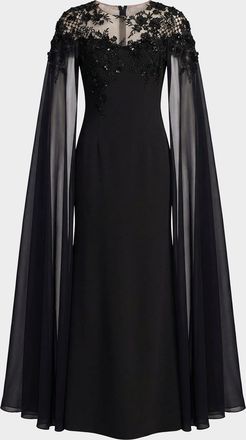 Mac Duggal Floral Embellished Chiffon Cape Gown