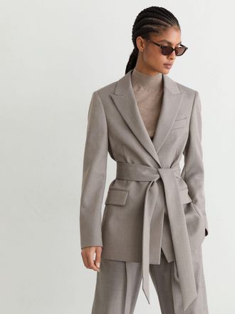Reiss Womens Grey Wool-blend Single-breasted Belted Blazer, 16