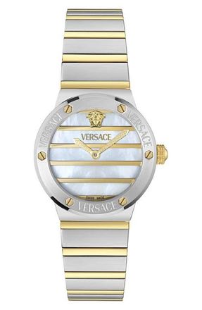Versace Greca Logo Mother-of-Pearl Bracelet Watch, 33mm in White/Two Tone at Nordstrom