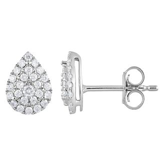 Grown Brilliance 1/3 Carat Lab Grown Halo Diamond Stud Earrings in Sterling Silver, Round Cut, Pear Shape, H-I Color, SI3/I1 Clarity, Push Back