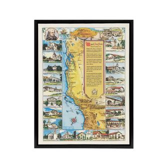 Artery8 Putnam 1949 California Missions Map Framed Canvas Wall Art Print | Size: W24 x H32