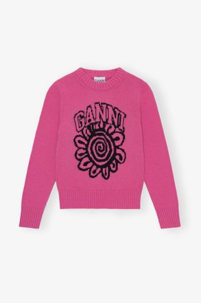 Ganni Pink Flower Graphic O-neck Pullover - Size S Wool