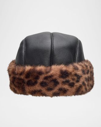 Jocelyn Leopard-Print Faux Fur Trimmed Roller Hat