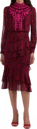 Saloni Isa Ruffle Midi Dress In Astilbe Burgundy Embroidery