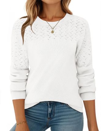 Zeagoo Womens Jumper Casual Lantern Long Sleeve Crewneck Sweaters Solid Color Crochet Knit Loose Pullovers Tops White XXL