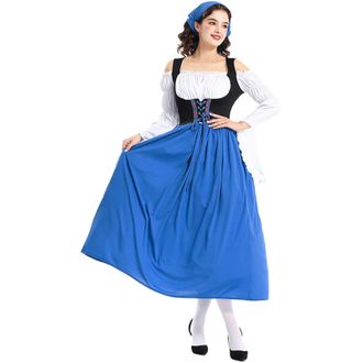 Generic Dirndl Dress Women Long Oktoberfest Costume October Festival Outfit Womens German Traditional Dress with Kerchief Womens Bavarian Beer Maid Outfits La