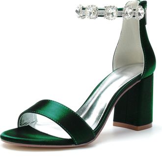 Generic Wedding Shoes Bridal Block Heel Wedding Sandals Open Toe Bridal Heels Satin Prom Party Dress Pumps 8Cm,Dark Green,10 UK
