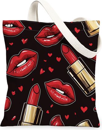 Generic Cosmetic Lips Canvas Tote Bags, Stylish Lipstick Heart Pattern Reusable Grocery Bags, Modern Elegant Lightweight Washable Shoulder Strap Canvas for Sh