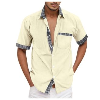 Generic Tea Shirts Men,Cotton Linen Button Down Mens Short Sleeve Pink and Navy Pattern Polo Shirt XXL Summer Long Cheese Cloth Men (Beige,XL)