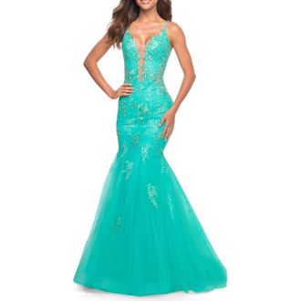 La Femme Tulle and Lace Mermaid Gown in Aqua at Nordstrom, Size 00