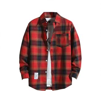 Generic Flannel Checked Plaid Shirt for Men - Cotton Lumberjack Regular Fit Long Sleeve M - 4XL