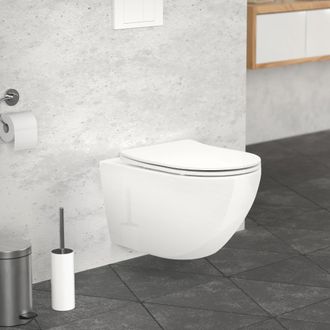 ML Design Ecd Germany Wc Cer&aacute;mico Suspendido 52 Cm Sin Borde Con Nanorecubrimiento, Inodoro Colgante Blanco Mate Largo, Asiento De Wc Extra&iacute;ble Con Softclose En