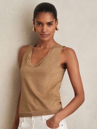 Reiss Gold Metallic-knit Twist-neckline Vest, XS
