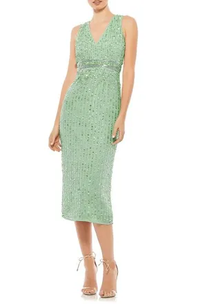 Mac Duggal Sequined Sleeveless V-Neck Midi Sheath Dress in Sage at Nordstrom, Size 0