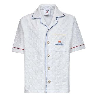 Casablanca Short Sleeve Shirts, male, White, S, White Bowling Collar Shirt with Gold Details