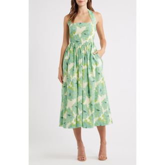 Lulus Kawaii Floral Print Halter Midi Dress in Green Multi at Nordstrom, Size X-Large