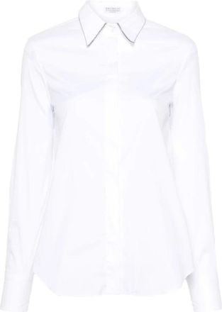 Brunello Cucinelli Witte Katoenen Poplin Shirt met Monili Ketting - Dames - Overhemden - Wit - S - Katoen - Overhemden