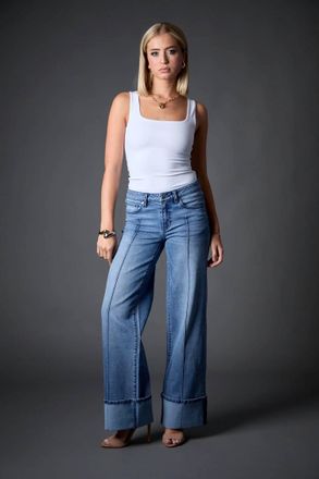 Blue Revival Cuffed Low Rise Wide Leg Jeans In Blue