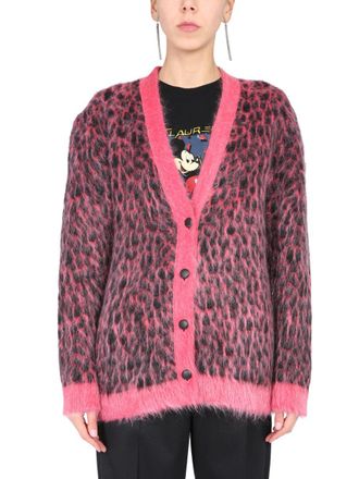 Saint Laurent Leopard Jacquard Wool Cardigan - Pink