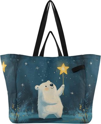 Generic Bear Star Teal print Reusable Canvas Tote Bag, Heavy Duty Grocery Shopping Bag with Hard Bottom Large Capacity Double Handles Work Groceries Travel