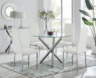 Furniturebox Selina Chrome Round Glass Dining Table & 4 Milan Dining Chairs in Off-White | Size: 4 Person