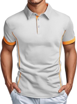 Generic Polo Shirts for Men with Pocket Yellow Trim Button Down Golf T-Shirt 2025 Summer Tennis Tops Contrast Color Block Tee Camisas De Trabajo(White, S)