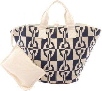 Herm&egrave;s Navy White Canvas Handbag Tote Bag (Pre-Owned)