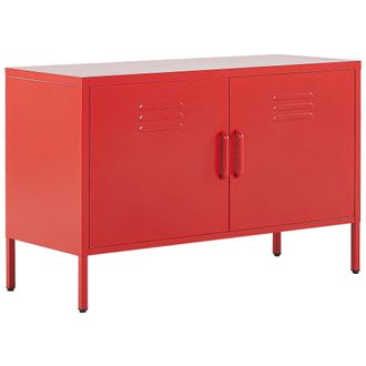 Beliani Aparador De Metal Rojo 100 X 40 Cm 2 Puertas Estantes Protectores Patas Uria