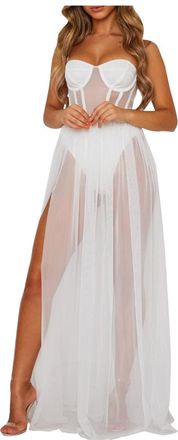 Generic Suspender Transparent Nightdress Ladies Lace Lingerie Sexy Mesh Asian Cosplay Lingerie for Women (White, L)